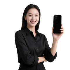 Woman in black shirt holding up a black smartphone with a bright smile on transparent background , no background