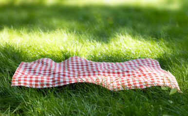 Red checkered picnic towel plaid on grass, tablecloth outdoors.Food advertisement template.