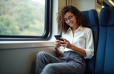 Businesswoman commutes to work on train, checks messages on smartphone. Smiling woman wears glasses, stylish white shirt. Public transport, railway journey, modern tech. Happy commuter uses mobile