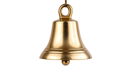 Golden metallic bell suspended, gleaming against transparent backdrop, waiting to resonate with melodic chime