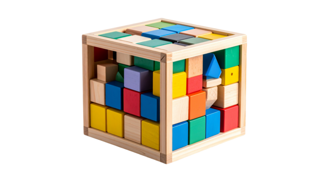 Multicolored shape sorter cube with various geometric blocks promoting learning and play for toddlers, isolated on a transparent background