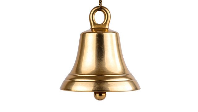 Golden metallic bell suspended, gleaming against transparent backdrop, waiting to resonate with melodic chime