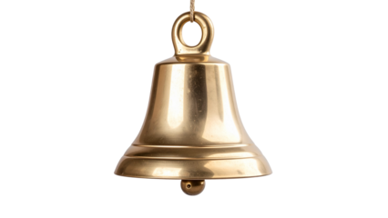 Golden metallic bell suspended, gleaming against transparent backdrop, waiting to resonate with melodic chime