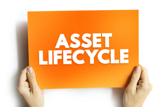 Assets Lifecycle - 5 main stages during its life: plan, acquire, use, maintain, and dispose, text concept on card