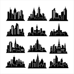 Silhouette collection of various city skylines in black and white, showing diverse architecture.