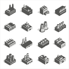 Isometric representations of various industrial factory buildings, showing different designs and structures.