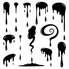 Collection of black ink drip and blob illustrations, various shapes and sizes.