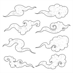 A collection of stylized, swirling clouds depicted in black and white, reminiscent of traditional art.