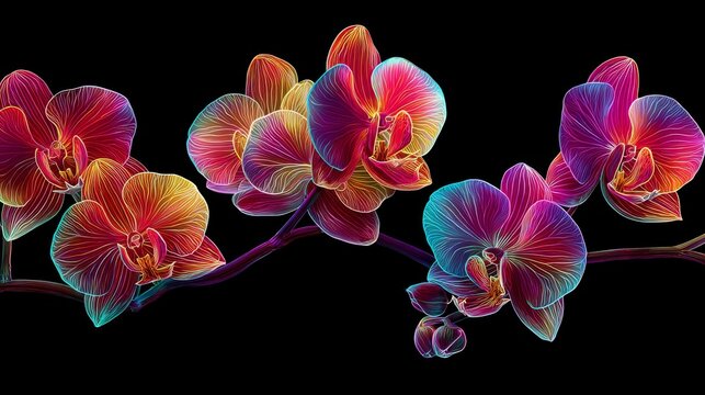 A row of neon orchids, glowing in vibrant shades against an empty black background. The flowers radiate with dynamic energy and light effects, creating a captivating visual display that highlights the