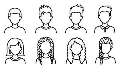 Eight simple line-drawn avatars depicting diverse hairstyles and genders.