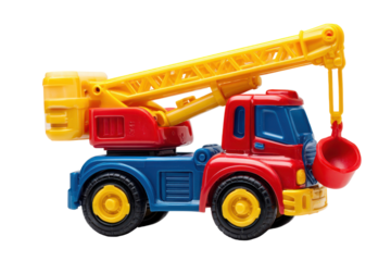 Colorful Toy Crane Truck Construction Vehicle Playtime Fun isolated on a transparent background