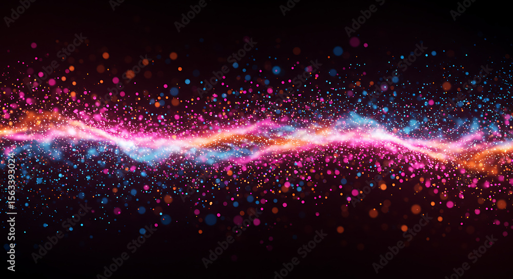Poster a dynamic stream of glowing colorful particles flowing across a dark background. abstract concept fo