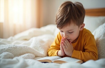 Fototapeta premium Cute young boy prays before bedtime over bible. Peaceful scene shows child faith, innocence, trust. Indoor home interior, soft sunlight. Christian, religious child reading book, learning life lessons.