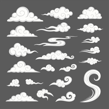 Collection of stylized, decorative clouds in various shapes and sizes, perfect for graphic design or illustration.