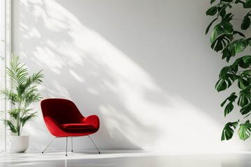 Contemporary minimalist interior design featuring a striking red chair and lush green plants