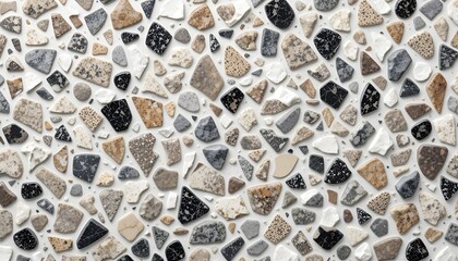 Seamless Terrazzo Pattern with Irregular Granite and Marble Fragments on White