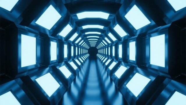 Futuristic Corridor with Blue Lighting and Symmetrical Design - Powered by Adobe