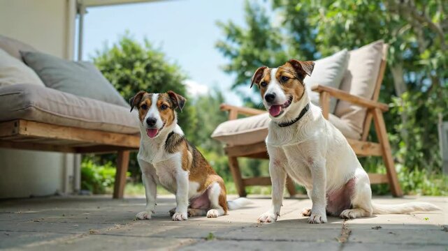 Two standing puppies in an outdoor courtyard Small in the outdoor sun