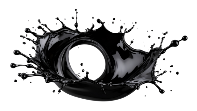 Black liquid dynamically splashing, forming mesmerizing droplets and energetic patterns against transparent backdrop