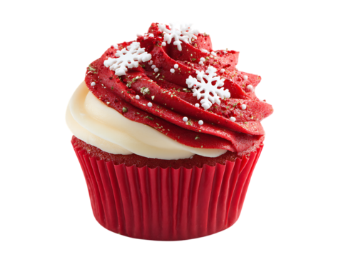 Red Velvet Cupcake with Cream Cheese Frosting and Snowflake Decorations isolated on a transparent background