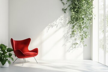 Contemporary minimalist living space featuring a bold red chair surrounded by lush green plants