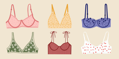 Woman bra collection. Different bra models. Lace underwear. Hand drawn vector design