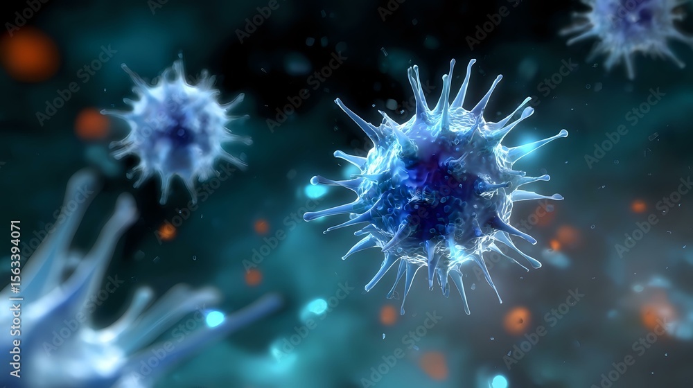 Poster microscopic view of blue glowing virus cell with spiky surface floating in dark space with blurred p