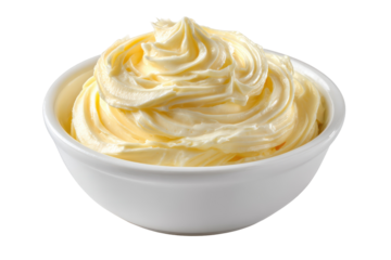 Creamy butter in a white bowl delicious swirl texture isolated on a transparent background