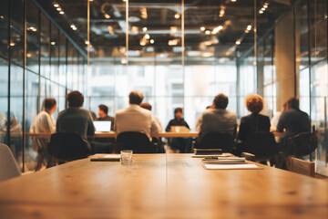 Group of co worker in business meeting, Colleague in press conference on building with glass surround, Selective focus group of office worker discuss in meeting, Chief executive officer in meeting.