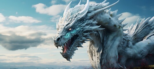 A haunted gothic white dragon perched on a wind-swept hill,ai generative