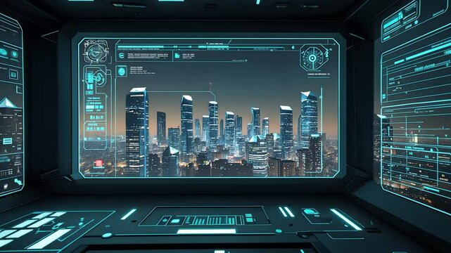Futuristic Control Room Overlooking Modern City Skyline with Digital Interface Panels and Holographic Urban Monitoring Display

 - Powered by Adobe
