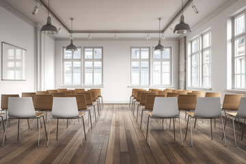 Fototapeta premium Interior design of office with co working space, Modern design of company office, Contemporary of office with wooden built in shelf, desk and table.