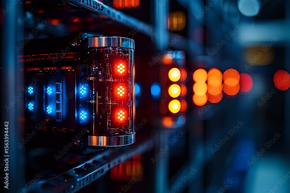 Poster glowing red and blue led indicators on server rack equipment with blurred bokeh lights in dark data 