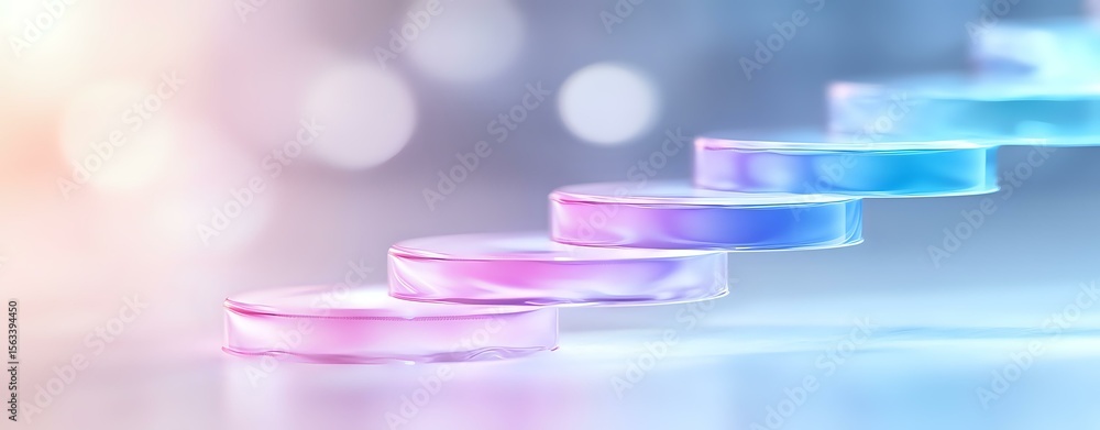Poster laboratory petri dishes arranged in ascending line with pink to blue gradient color transition again