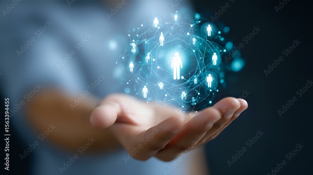 Poster glowing network of connected human figures floating above open palm against dark background, represe