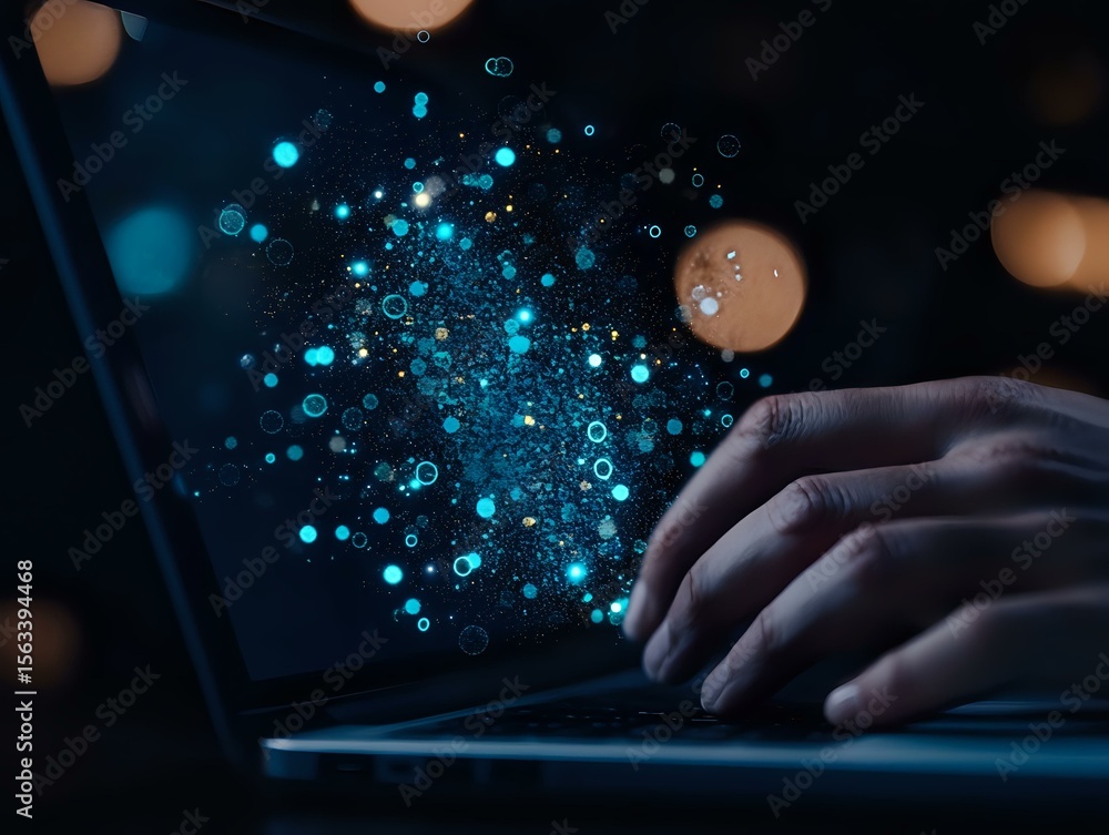 Poster glowing blue digital particles emerge from laptop screen while person types in dark room, creating m