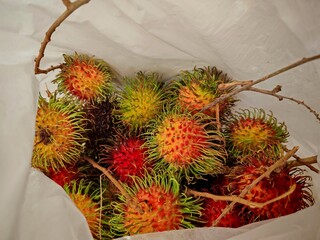 A colorful collection of fresh rambutans still attached to small branches, placed inside a white...