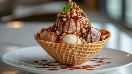 Delicious Ice Cream Sundae In Waffle Bowl With Nuts