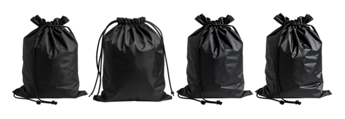 Collection of Drawstring bag for separating dirty clothes while traveling, featuring a laundry symbol and text, isolated on transparent background