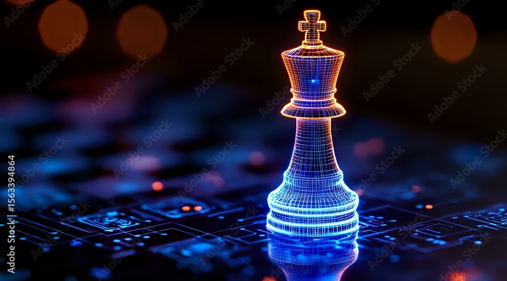 Poster glowing blue chess king piece on circuit board background with red bokeh lights creates futuristic a