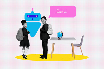 Trendy art creative full poster photo collage of happy small schoolgirl schoolboy stand class desk...