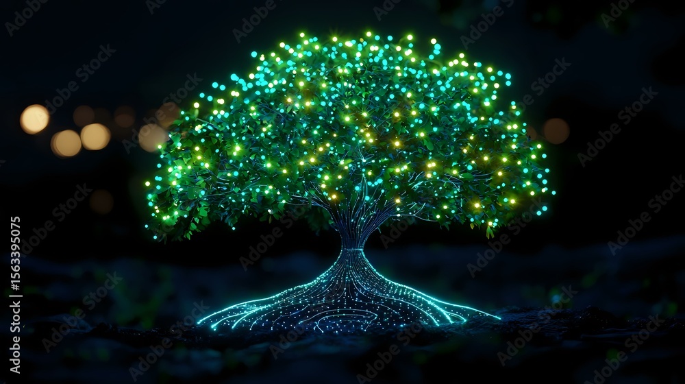 Poster glowing magical tree with bright green illuminated crown and blue luminescent roots against dark bac