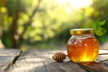 Realistic honey jar mockup featuring a dipper and golden cap on an outdoor wooden table