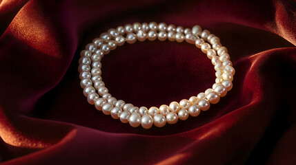 Fototapeta premium Luxurious pearl statement piece showcasing double strands of near round white pearls with radiant luster creating timeless beauty and elegance on a rich deep red velvet backdrop