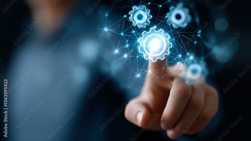Poster businessman finger touching glowing gear icon on virtual screen, digital network connection showing 
