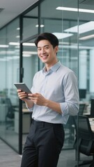 Fototapeta premium Professional man holding a tablet in a modern office setting