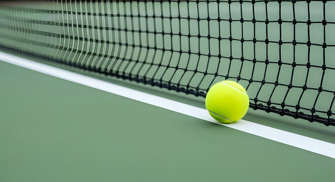 Bright yellow tennis ball sitting on the white line of a green court near the net ready for a match or practice session.
