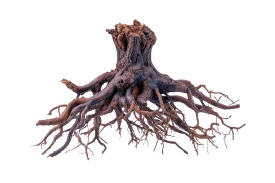 Ancient Tree Stump with Exposed Roots Dark Brown Wood Nature isolated on a transparent background