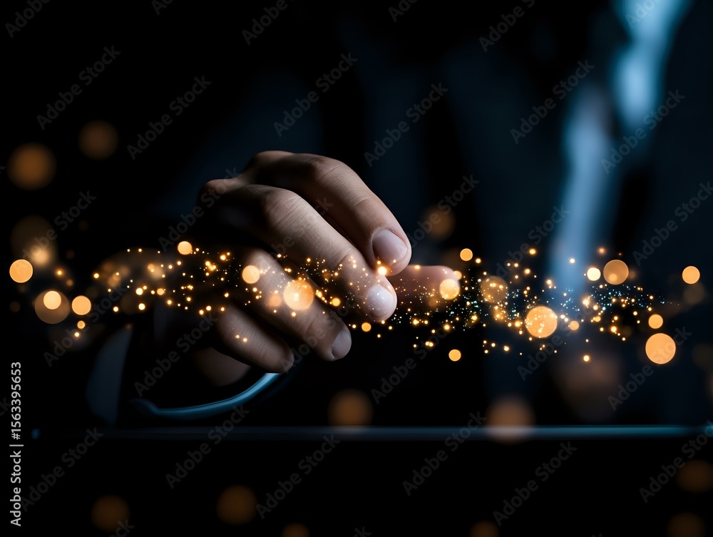 Poster magical glowing particles flowing from hand touching digital tablet screen in dark room with bokeh l