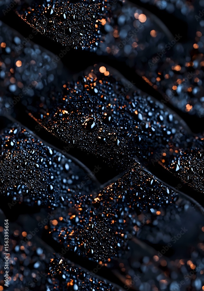Poster water droplets on dark diagonal surface with glowing orange bokeh lights creating dramatic contrast 